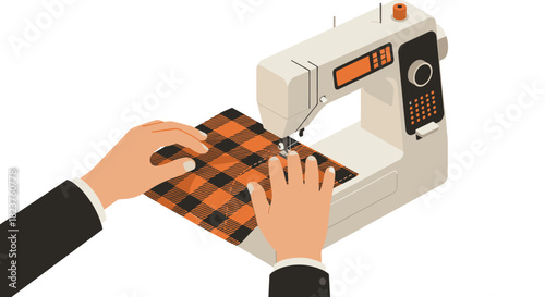 Sewing machine and checkered fabric with hands operating in a modern flat style design