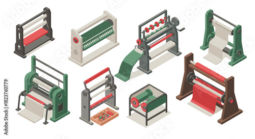 Isometric industrial fabric cutting machines set in various colors