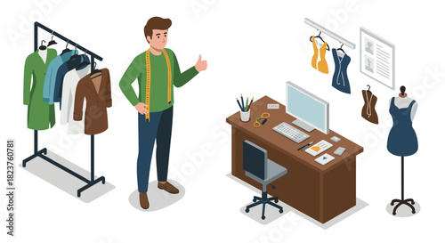 Fashion designer in home studio with clothing rack and office setup in isometric style