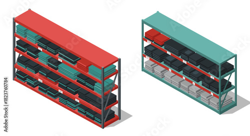 Isometric warehouse shelving with colorful boxes for storage solutions