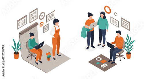 Creative office collaboration scene with team members and laptops in modern workspace