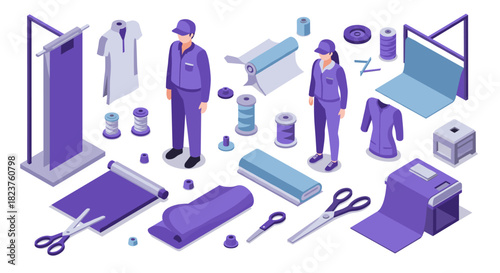 Isometric textile workshop scene with workers and sewing tools in purple tones