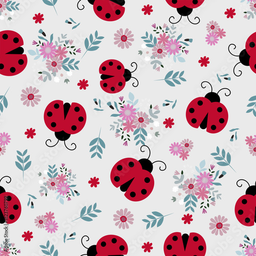 Ladybug seamless pattern background. Cute ladybug, leaves flowers illustration pattern. Ladybug, leaves flowers background. Perfect for fabrics, textile, wallpaper, decor, floral seamless pattern 