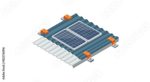 Isometric solar panel mounted on metal roof with fasteners
