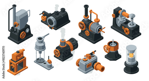 Isometric steampunk mechanics set with industrial machines and engines