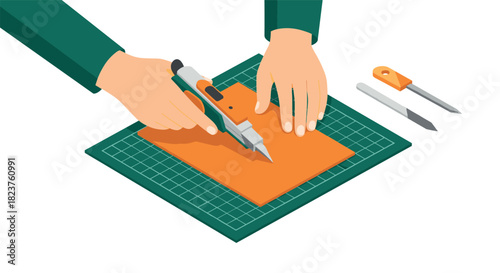 Isometric crafting hands cutting paper with precision tools on a grid mat