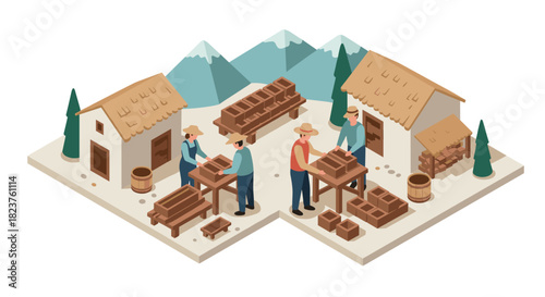 Isometric rural carpentry scene with artisans and tools in mountain setting