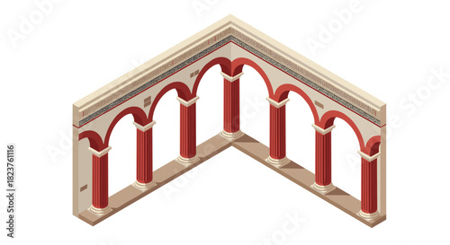 Isometric ancient roman arches with red columns and decorative patterns
