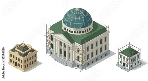 Architectural isometric design of classical buildings under renovation with scaffolding