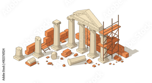 Ancient greek temple construction with columns and scaffolding in isometric style