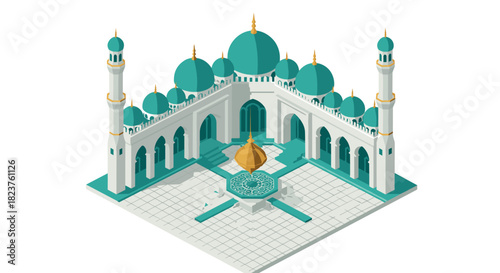 Isometric mosque architecture with emerald domes and golden accents