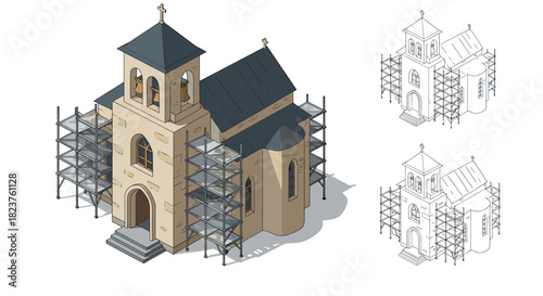 Historic church restoration with scaffolding in isometric style