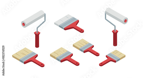 Isometric paint tools with rollers and brushes in red and beige