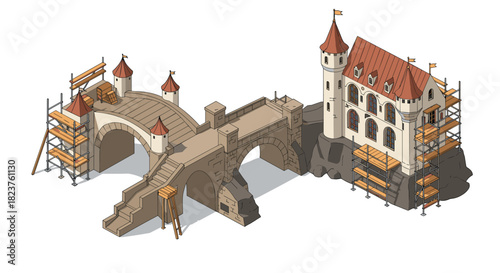Isometric medieval castle with bridge and scaffolding