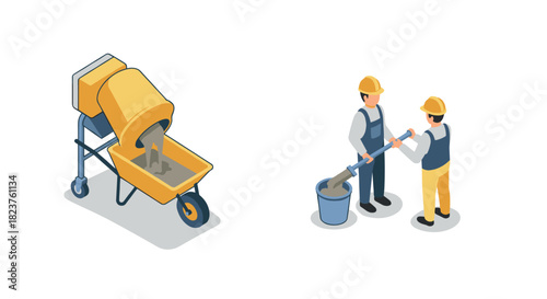 Isometric concrete mixer and workers with helmets in construction scene