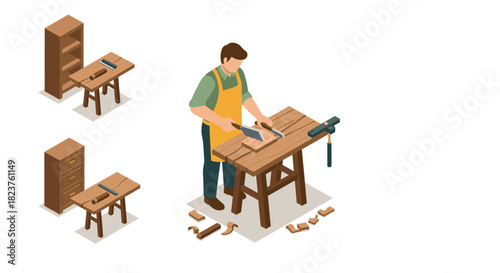 Isometric woodworking craftsmanship and carpentry tools scene