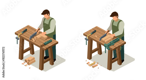 Isometric male carpenter woodworking at workbench with hand tools