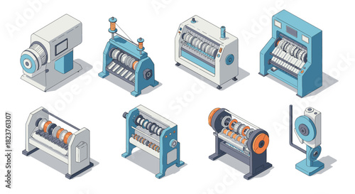 Diverse industrial machines in isometric design for manufacturing and engineering