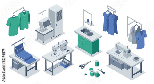 Isometric tailoring workshop with sewing machines and apparel on hangers