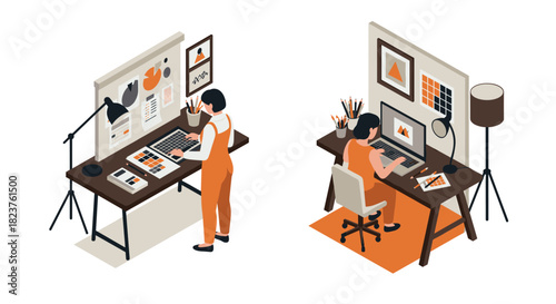 Creative workspace with designers working on graphic projects in modern office setting