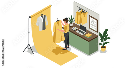 Fashion designer adjusting outfit in modern studio with isometric design