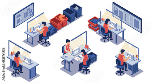Modern isometric office scene with workers at desks and storage bins