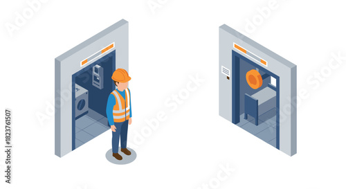 Isometric warehouse safety: worker and equipment entrance with protective gear