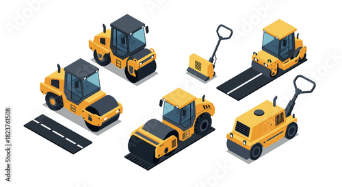 Isometric construction equipment set with asphalt rollers and pavers