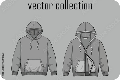 Vector collection of two gray hoodies one pullover style and one zip up style with detailed stitching and drawstrings