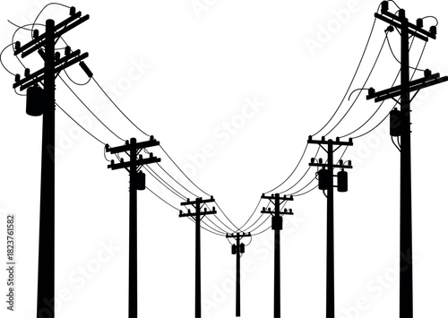Silhouetted utility poles with transformers and power lines on white background – flavector infrastructure concept