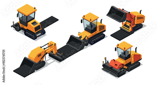Collection of isometric construction vehicles with detailed heavy machinery