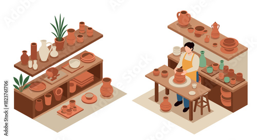Isometric potter at work: crafting clay pots in a ceramics studio