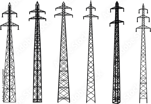 Transmission tower silhouettes, high-voltage pylons, lattice structures, electric grid infrastructure, power line engineering, flavector