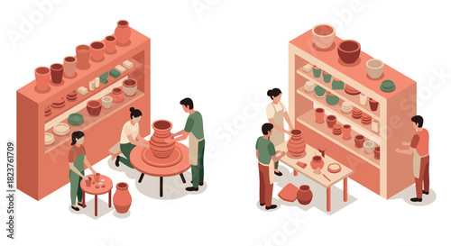 Isometric pottery workshop with people crafting ceramics and displaying handmade pots