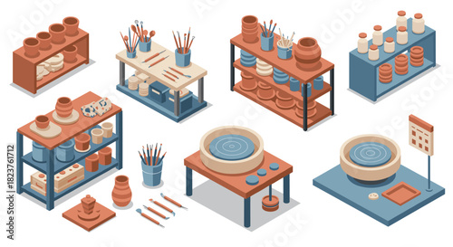 Isometric pottery studio with shelves, tools, and pottery wheel in earth tones