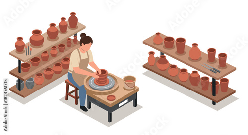 Isometric pottery workshop with potter crafting clay vase