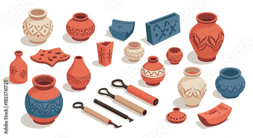 Colorful clay pottery and tools: traditional ceramic craft in isometric design