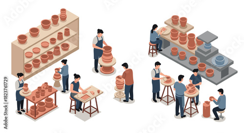 Isometric pottery workshop scene with craftspersons creating ceramic art