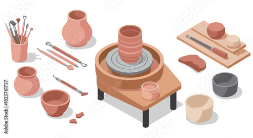 Isometric pottery workshop with clay vases and tools