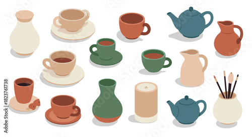 Isometric ceramic tea set with cups, teapots, and vases in earth tones