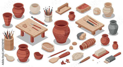 Isometric pottery workshop: tools, clay, and finished ceramics in 3d style