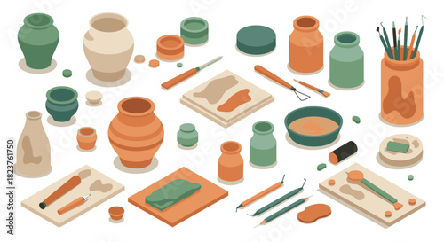 Clay pottery workshop tools and supplies in isometric style