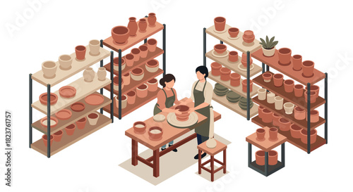 Pottery workshop scene with artisans crafting clay in an isometric studio