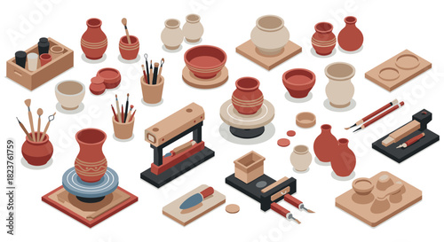 Isometric ceramic pottery tools and supplies for creative art projects