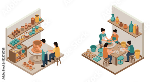 Pottery workshop scene with artists crafting ceramics in isometric style