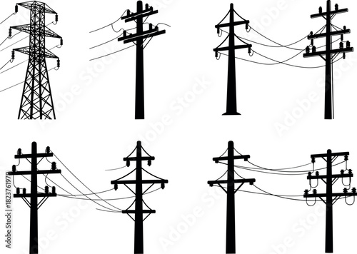 Utility pole and transmission tower silhouettes, crossarms, insulators, power lines, grid infrastructure, energy system, flavector