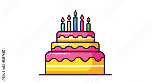 Illustration of a three-tiered birthday cake with lit candles.
