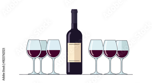 A bottle of red wine with six glasses filled with red wine.