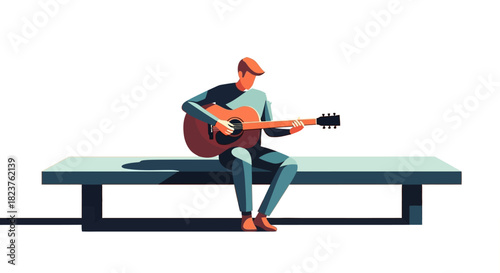 Man playing guitar on a bench, minimalist vector illustration.