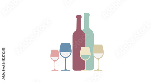 Stylized illustration of wine bottles and glasses in various colors on a white background.